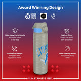 A gray stainless steel water bottle, featuring a blue lion graphic and 