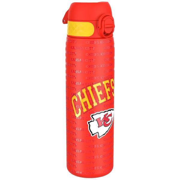 A red water bottle, featuring the Kansas City Chiefs logo and repeated text, sits on a white background. The text reads "KANSAS CITY" and "CHIEFS KINGDOM" in a repeating pattern.