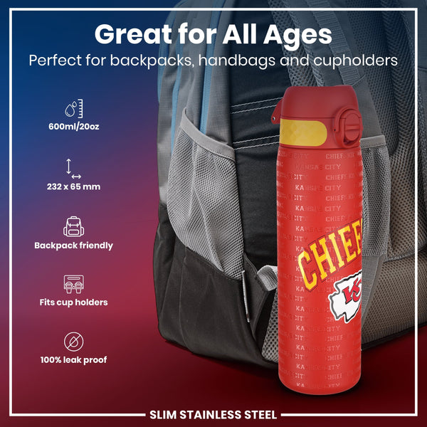 A red, slim stainless steel water bottle, featuring Kansas City Chiefs branding, is nestled in a backpack pocket. It's 600ml/20oz, 232 x 65 mm, and fits cup holders. Great for all ages.