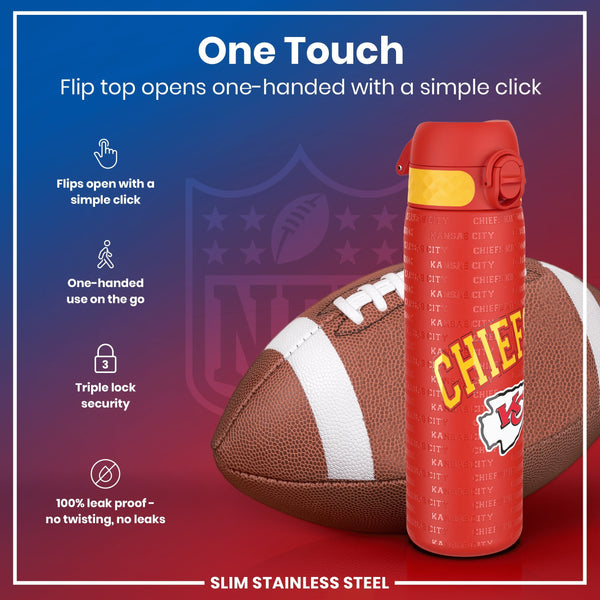 A red, Kansas City Chiefs-themed water bottle rests beside a football. Its flip top opens one-handed; it's leakproof and has triple-lock security. The background features the NFL logo.