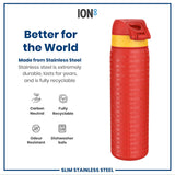 A red and yellow stainless steel water bottle stands against a white background. It displays the repeated text 