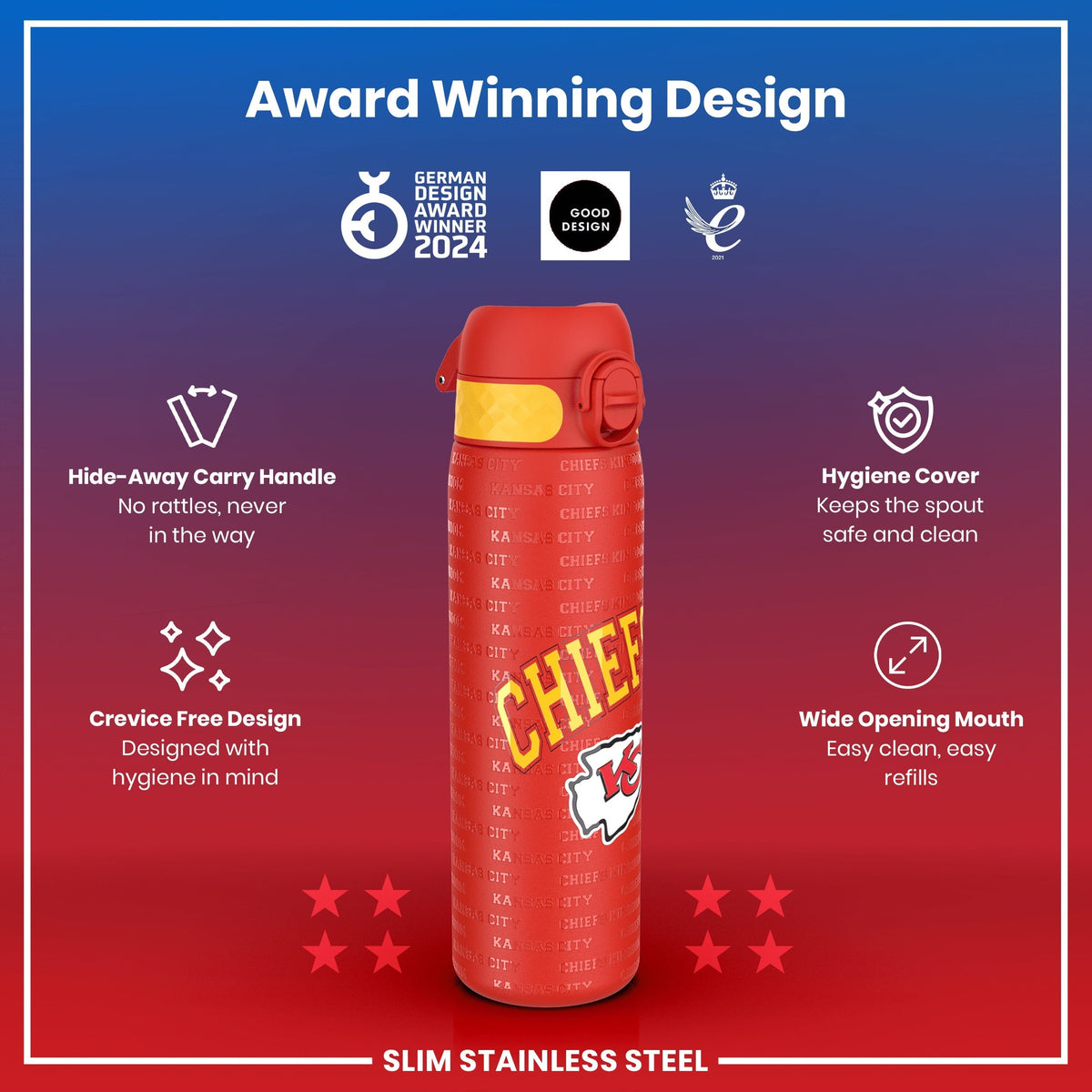 A red, slim stainless steel water bottle, featuring a Kansas City Chiefs design, displays a hide-away handle and hygiene-focused features. The bottle is advertised as an award-winning design.
