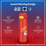 A red, slim stainless steel water bottle, featuring a Kansas City Chiefs design, displays a hide-away handle and hygiene-focused features. The bottle is advertised as an award-winning design.