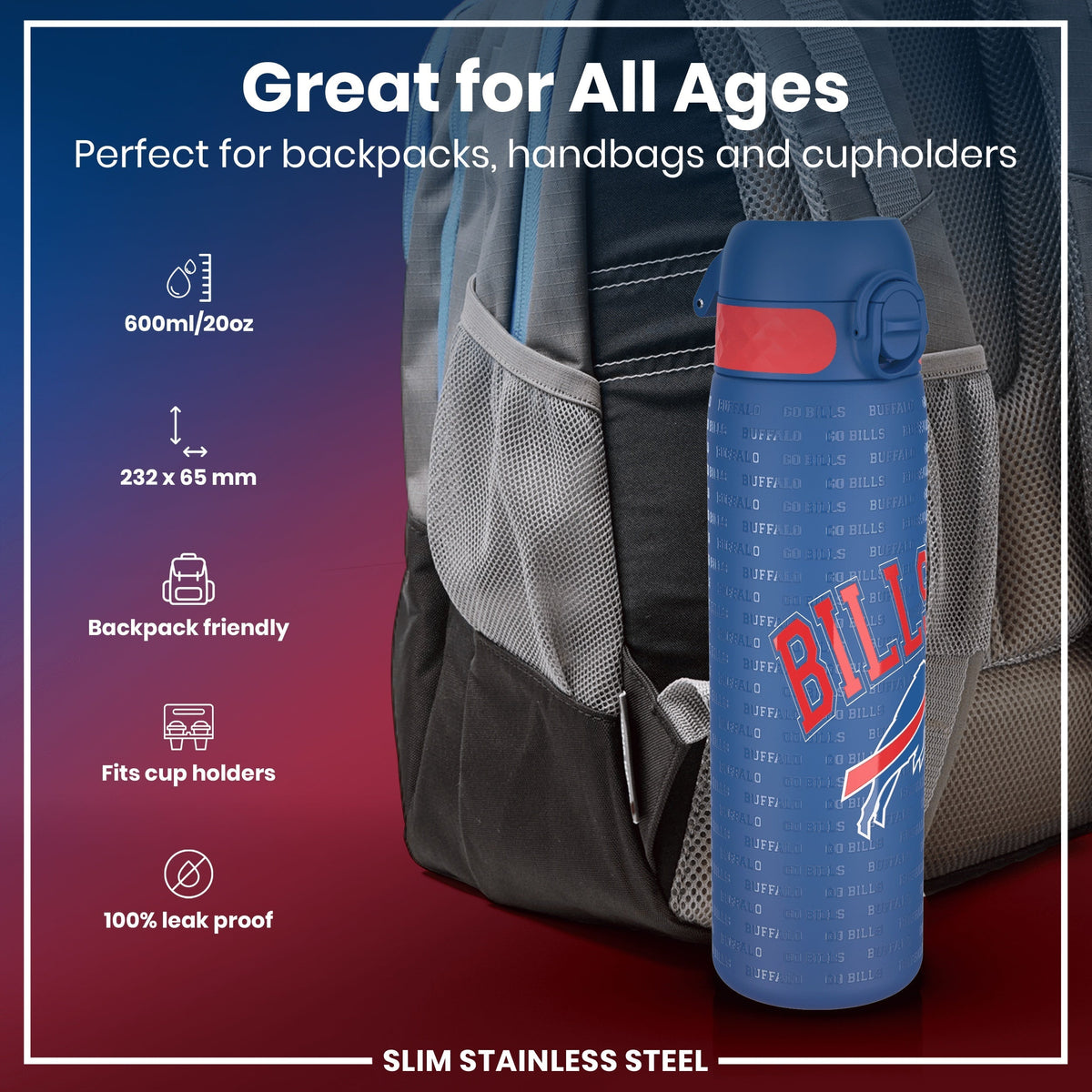 A blue, slim stainless steel water bottle, featuring Buffalo Bills branding, rests in a backpack's mesh pocket. It's 600ml/20oz, 232 x 65 mm, backpack and cupholder friendly, and 100% leak proof.