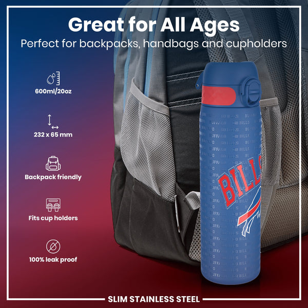 A blue, slim stainless steel water bottle, featuring Buffalo Bills branding, rests in a backpack's mesh pocket. It's 600ml/20oz, 232 x 65 mm, backpack and cupholder friendly, and 100% leak proof.