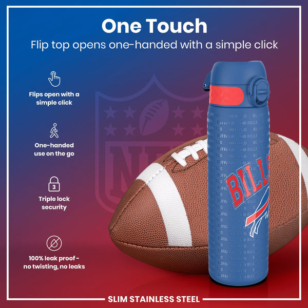 A blue, slim stainless steel water bottle, featuring a flip top and "Buffalo Bills" branding, rests near an American football. The bottle opens one-handed with a simple click, offering triple lock security and a leak-proof design.