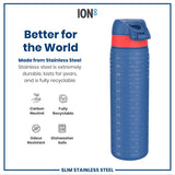 A stainless steel water bottle, featuring a blue body with embossed text and a red accent, sits against a white background. The text on the bottle says 