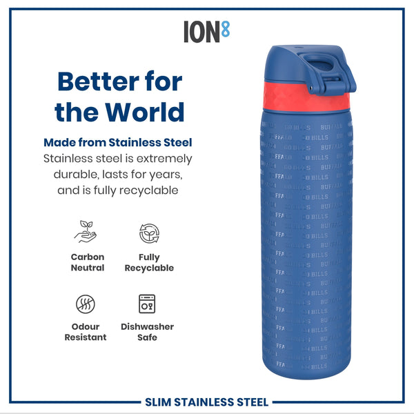 A stainless steel water bottle, featuring a blue body with embossed text and a red accent, sits against a white background. The text on the bottle says "BUFFALO GO BILLS" repeatedly. Marketing materials highlight its durability, recyclability, and other features.