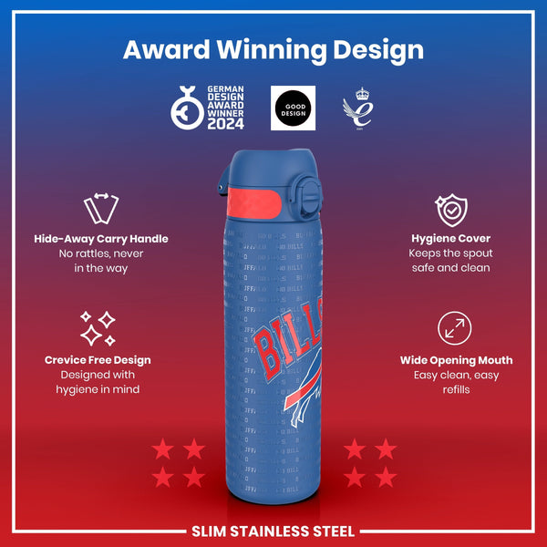 A slim stainless steel water bottle, featuring a Buffalo Bills design, sits against a red background; it displays various design features and awards.