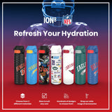 Six water bottles, displaying various NFL team logos, are arranged on a red background. The bottles are showcased against a backdrop featuring a football player and the text 