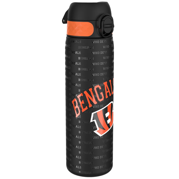 A black water bottle, featuring an orange band and repeating "Bengals" and "Who Dey!" text, sits against a white background.
