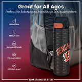A slim stainless steel water bottle, fitting in a backpack pocket, is shown. The bottle is black with orange accents and 