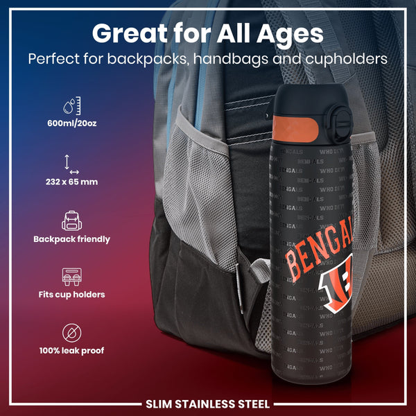 A slim stainless steel water bottle, fitting in a backpack pocket, is shown. The bottle is black with orange accents and "Bengals" and "Who Dey!" text. It's advertised as leakproof and suitable for backpacks, handbags, and cup holders.