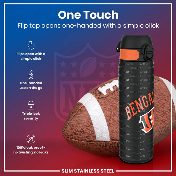 A black and orange Bengals-themed water bottle rests near an American football. Its flip top opens one-handed; it's leak-proof and has triple lock security. The background features a stylized NFL logo.