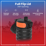 A black, slim stainless steel water bottle with an orange accent and 