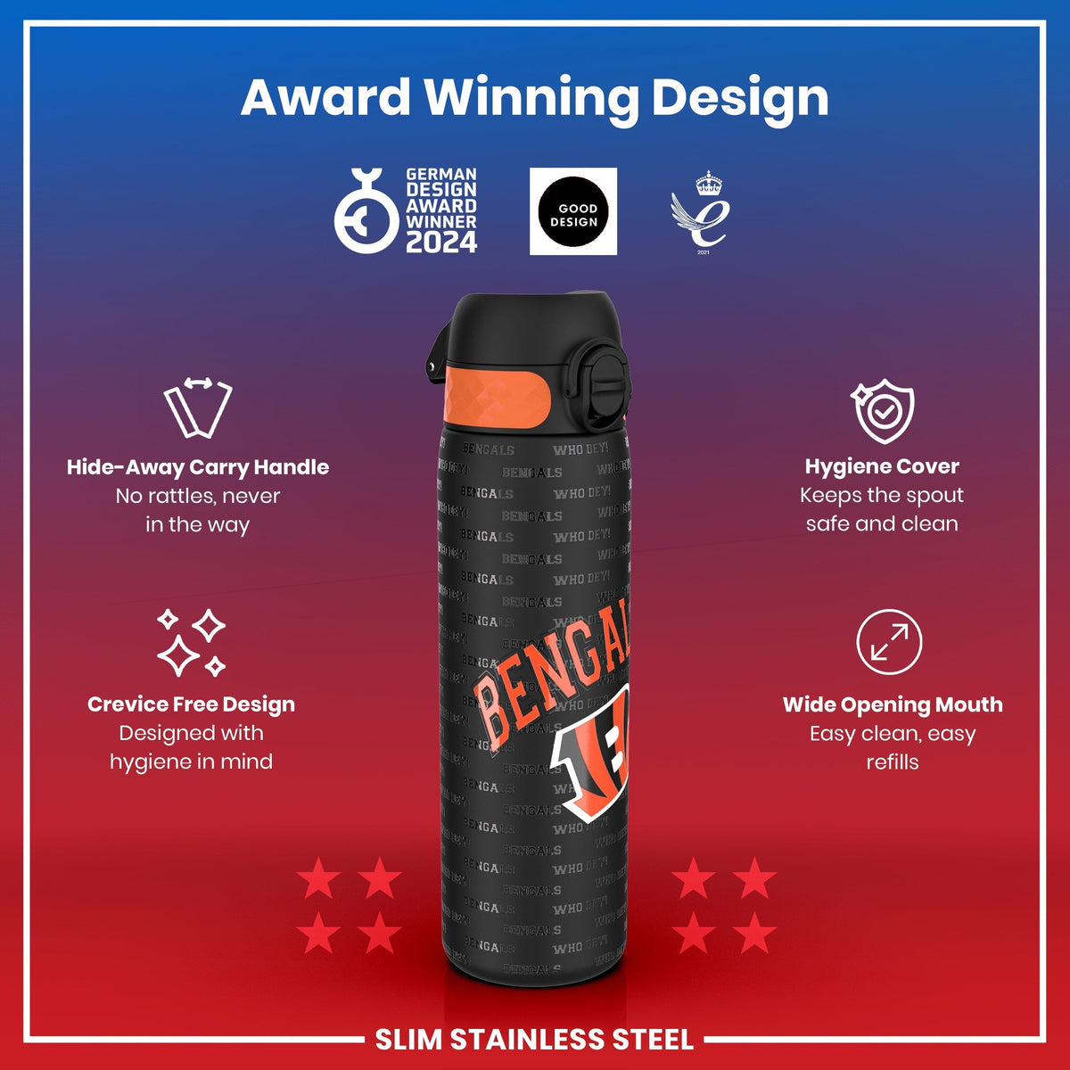 A slim stainless steel water bottle, displaying Bengals team logos, sits against a red background; it features a hide-away handle, crevice-free design, and hygiene cover. Award logos are shown at the top.