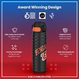 A slim stainless steel water bottle, displaying Bengals team logos, sits against a red background; it features a hide-away handle, crevice-free design, and hygiene cover. Award logos are shown at the top.