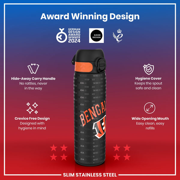 A slim stainless steel water bottle, displaying Bengals team logos, sits against a red background; it features a hide-away handle, crevice-free design, and hygiene cover. Award logos are shown at the top.