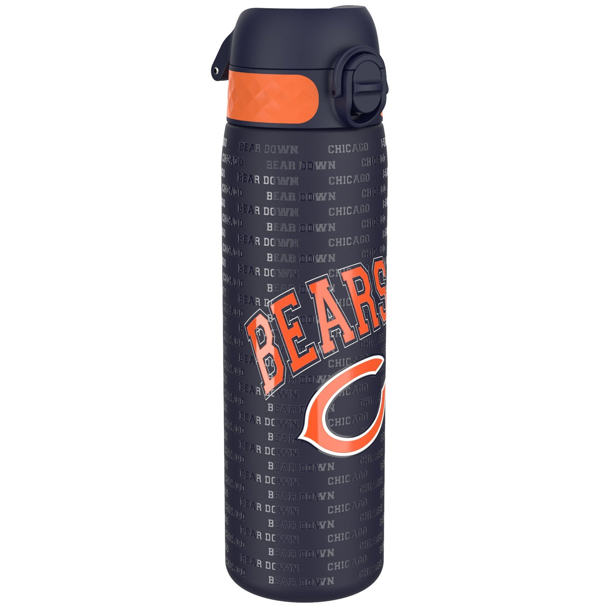 A dark-blue water bottle, featuring an orange band and the Chicago Bears logo, sits against a white background. The bottle is covered in a repeating pattern of "BEAR DOWN" and "CHICAGO".