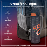 A slim stainless steel water bottle, fitting in a backpack pocket, is shown. It's 600ml/20oz, 232 x 65 mm, backpack and cupholder friendly, and 100% leak proof. 