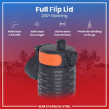 A black water bottle with an orange accent and “BEAR DOWN” and “CHICAGO” text, has a 240° opening flip lid, shown against a blurred background of football players.