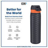 A stainless steel water bottle stands upright. Its body is dark gray with embossed text, and it has an orange band and black lid. It's shown against a white background with promotional text about its features. 