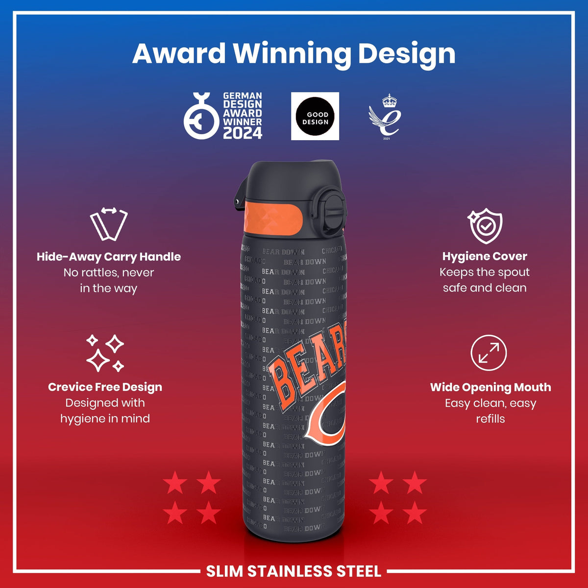 A slim stainless steel water bottle, featuring a hide-away handle and a wide opening mouth, displays an award-winning design and is shown against a red background.