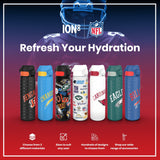 Six water bottles, displaying various NFL team logos, are arranged on a red background. The bottles are shown to advertise hydration. The text includes 