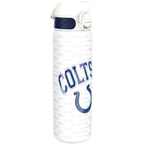 A white water bottle, featuring a Colts logo and repeated text, stands against a white background.
