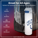 A slim stainless steel water bottle rests in a backpack pocket. It's 600ml/20oz, 232 x 65 mm, leakproof, and fits cup holders. The bottle features Colts and horseshoe logos.