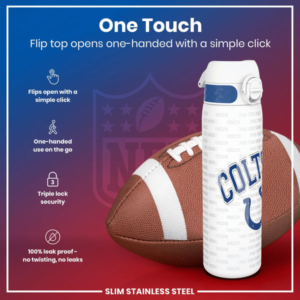 A slim stainless steel water bottle, with a flip top that opens one-handed, rests beside an American football. The bottle features Colts and "For the Shoe" text repeated across its surface.