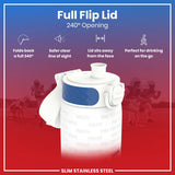 A white water bottle with a blue accent and Colts branding features a 240° flip lid; it is shown against a background of football players. Folds back a full 240°, safer clear line of sight, lid sits away from the face, perfect for drinking on the go. Slim stainless steel.