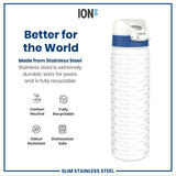 A stainless steel water bottle sits on a white background. The bottle is mostly white with a dark blue band and features repeated text: 