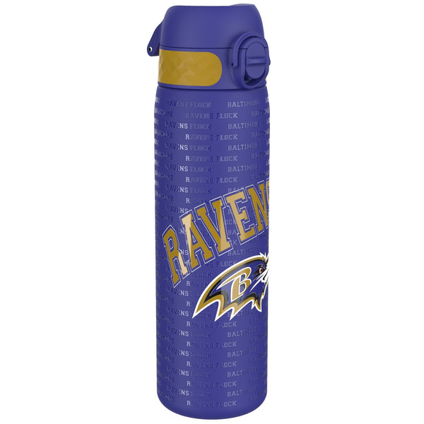 A blue water bottle, featuring the Baltimore Ravens logo and repeated text “Ravens Flock Baltimore,” stands on a white background.