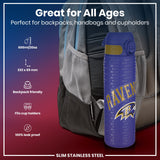 A purple, slim stainless steel water bottle sits in a backpack pocket; it's leakproof, fits cup holders, and is backpack friendly. 600ml/20oz, 232 x 65 mm. Great for all ages.