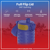 A blue, slim stainless steel water bottle with a full flip lid, showing 240° opening, rests against a blurred background of football players. The bottle features repeated 