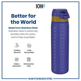 A stainless steel water bottle stands upright; it features a dark blue exterior with a gold band and repeated text. The bottle is shown against a white background with text advertising its durability and recyclability. The text on the bottle says 