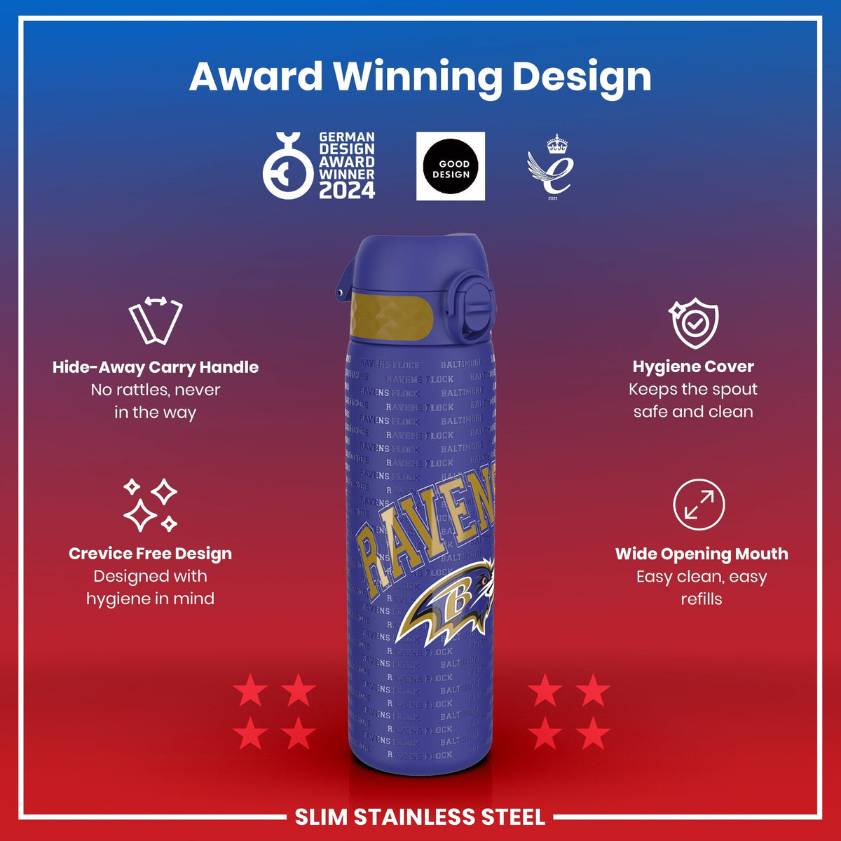 A slim stainless steel water bottle, displaying an award-winning design and Ravens Flock branding, sits against a red background; it features a hide-away handle, crevice-free design, hygiene cover, and wide opening mouth.