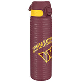 A maroon water bottle, featuring a yellow band and the word 