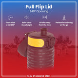 A maroon, stainless steel water bottle with a yellow band and 