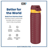A maroon and gold stainless steel water bottle sits against a white background. The bottle is advertising its durability, recyclability, and other features. 