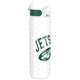 A white water bottle, displaying the New York Jets logo and repeated 