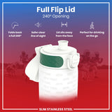 A white water bottle with a green band and 