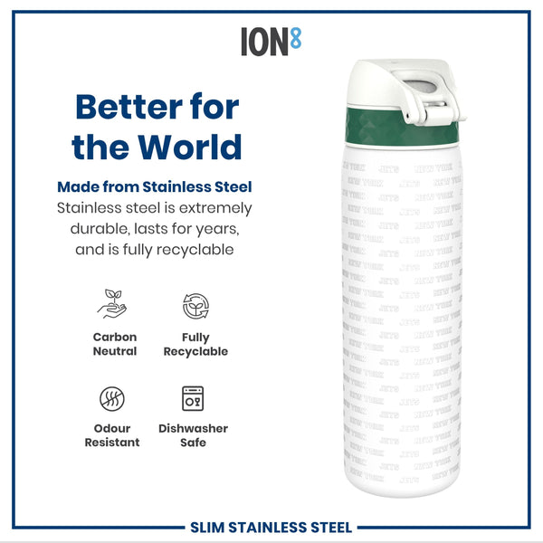 A stainless steel water bottle, featuring a dark-green band and "NEW YORK JETS" text, sits against a white background showcasing its eco-friendly attributes.