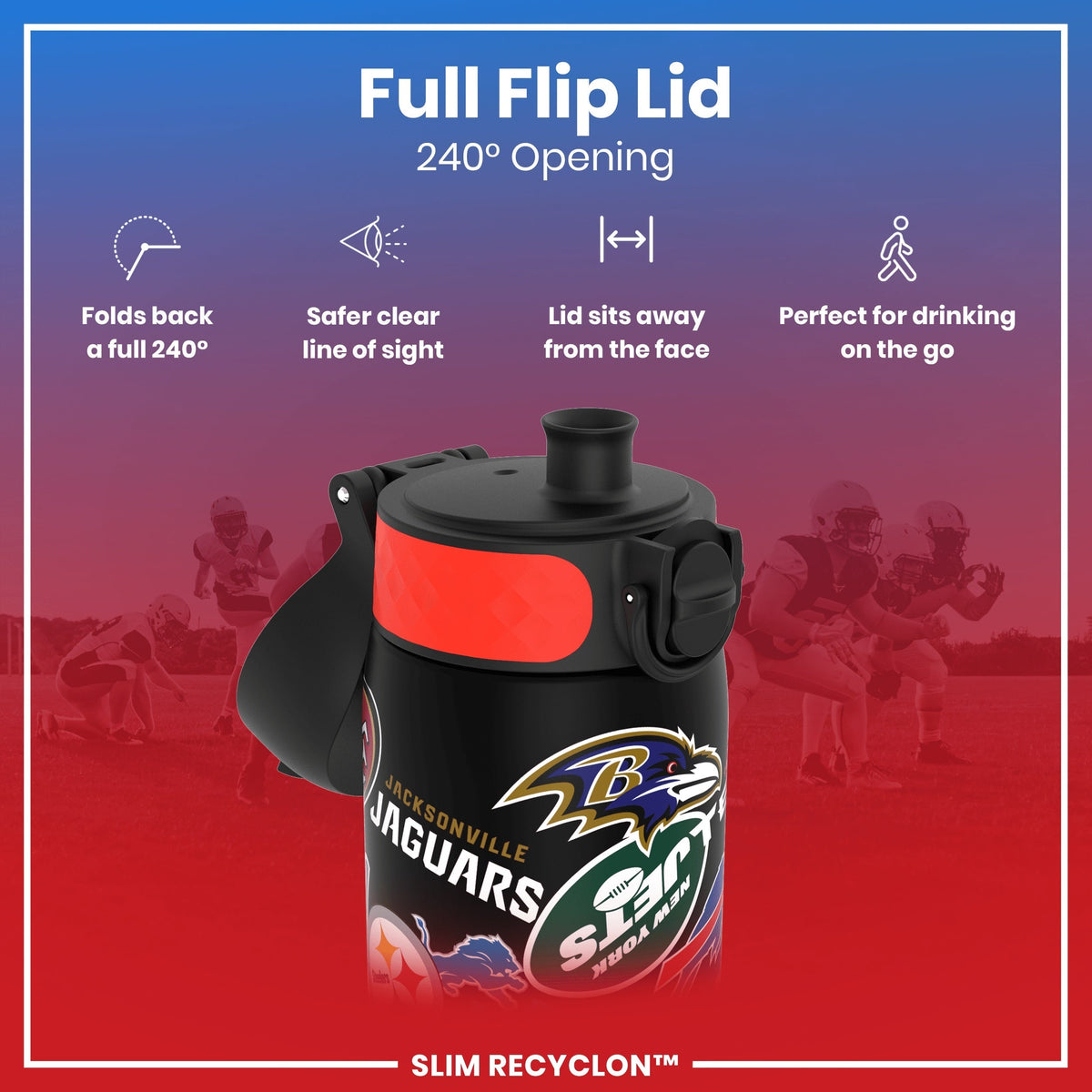 A black water bottle with a 240° flip lid is shown; the lid folds back completely, providing a clear view and sitting away from the face, making it ideal for on-the-go drinking. The bottle features various NFL team logos.