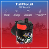 A black water bottle with a 240° flip lid is shown; the lid folds back completely, providing a clear view and sitting away from the face, making it ideal for on-the-go drinking. The bottle features various NFL team logos.