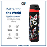 A black water bottle with various NFL team logos sits against a white background. It's made from a plant-based polymer, is BPA-free, odour-resistant, and dishwasher-safe. 