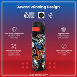 A water bottle, featuring various NFL team logos, sits against a red and purple background. The bottle displays several design features, including a hide-away handle and a wide mouth opening. Award logos are shown at the top.