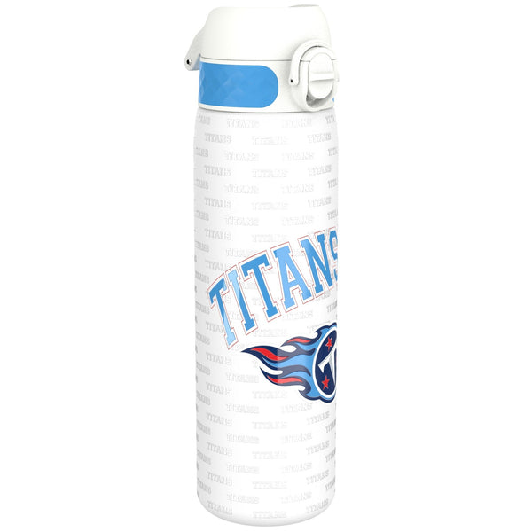 A white water bottle, displaying the Tennessee Titans logo and repeated "Titans" text, sits against a white background.