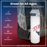 A slim stainless steel water bottle, fitting in a backpack pocket, is shown. It's 600ml/20oz, 232 x 65 mm, leakproof, and fits cup holders. The bottle is decorated with 